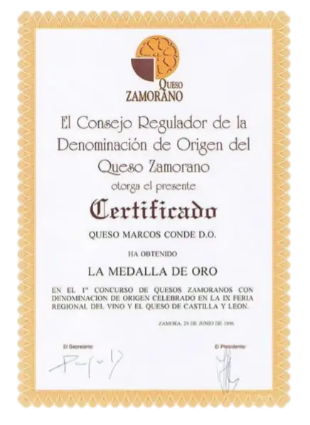 Medallas de Oro en Queso D.O. Zamorano y Queso Marcos Conde otorgado por el Consejo Regulador de la Denominación de Origen del Queso Zamorano 1996.